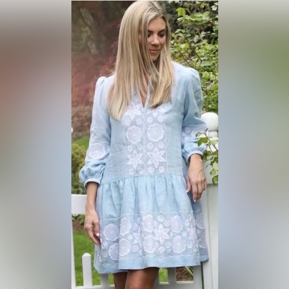 ASHA Ashley McCormick Light Blue Embroidered Linen Minnie Dress Medium